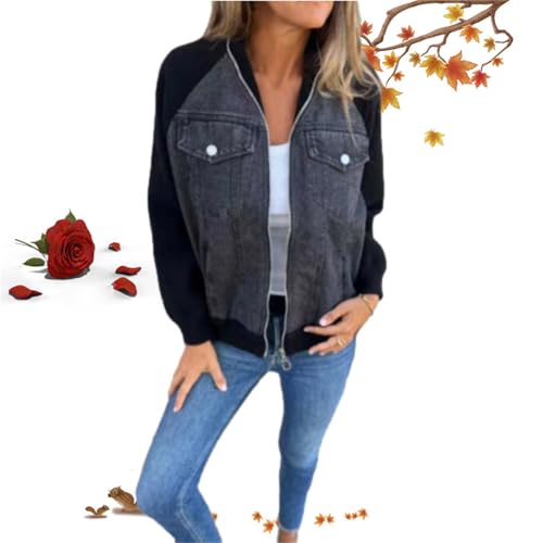 Moderne Jacke mit Denim-Stoff, für Herbst und Winter, für Damen, mit Nähten, lässig, Jeans-Oberteil, langärmelig, Reißverschluss, Farbe: Schwarz, Größe S von WXDTW