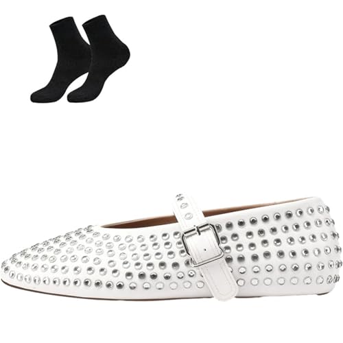 Rivet Crystal Damen-Loafer, lässige Ballerinas, ultra-bequem, glänzend, mit Edelstein-Mesh-Ballerinas, Schnalle, Mary Jane Ballerinas, Weiß, Größe 42 von WXDTW