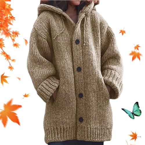 Strickjacke mit Knopfleiste, mit Kapuze, langärmelig, vorne offen, für Herbst und Winter, warm, Zopfmuster, grobes Oberteil, Mantel (Khaki, S) von WXDTW