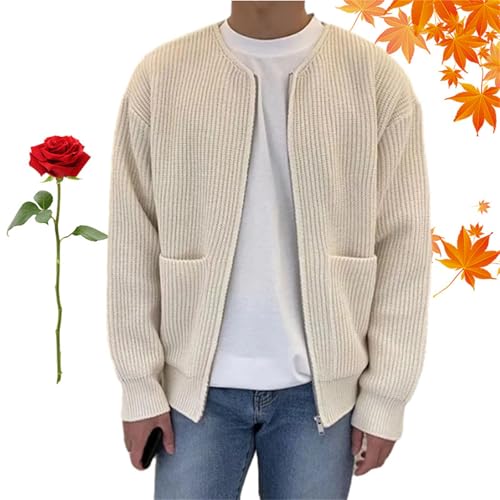 Trendige Strickjacke für Herren, solider Rundhalsausschnitt, Reißverschlusstaschen, langärmelig, für Herbst und Winter, warme Strickjacke, Aprikose, Größe 5XL Trendige Strickjacke für Herren, solider Rundhalsausschnitt, Reißverschlusstaschen, langärmelig, für Herbst und Winter, warme Strickjacke, Aprikose, Größe 5XL von WXDTW