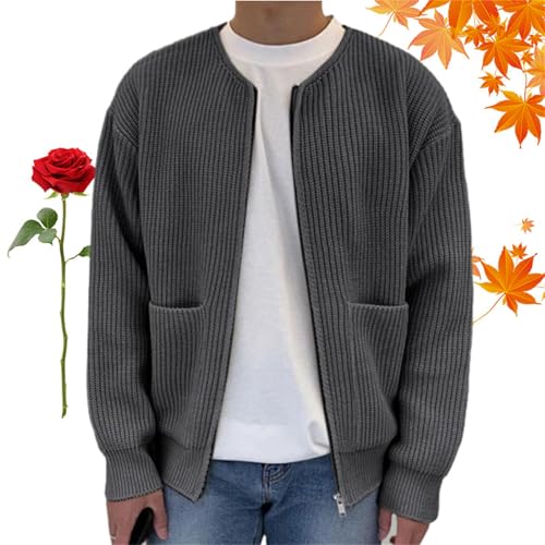 Trendige Strickjacke für Herren, solider Rundhalsausschnitt, Reißverschlusstaschen, langärmelig, für Herbst und Winter, warme Strickjacke (grau, Größe 2XL) von WXDTW