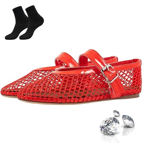 WXDTW Ballerinas aus Netzstoff für Damen, modische Ballerinas mit rundem Zehenbereich, Mary Jane flache Sandalen mit Schnallenriemen, lässige Fischnetzschuhe (rot, 37 EU) von WXDTW