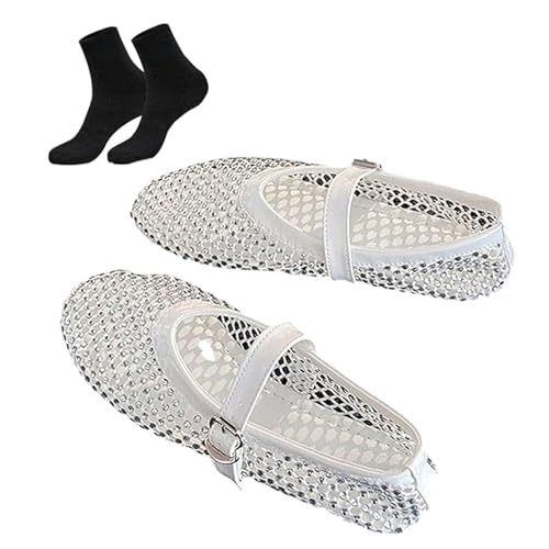 WXDTW Ballerinas mit Strass-Netzstoff für Damen, lässige Ballerinas von Mary Jane, runde Zehenpartie, flache Schuhe, Schnalle, Riemen, Kristalle, Aussparungen, flache Schuhe (weiß, Größe 35) von WXDTW