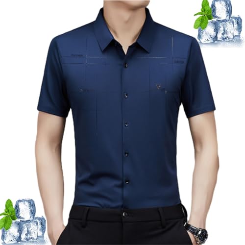 WXDTW Herren-Business-Shirt aus Eisseide, Sommer, Anti-Falten, Eisseide, Stretch, lässig, schnelltrocknend, formell, kurzes T-Shirt (Marineblau, 170/L) von WXDTW