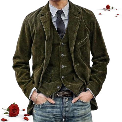 WXDTW Herren-Vintage-Kord-Reversjacke, lässig, einfarbig, schmale Passform, Cordblazer, elegante Revers-Tasche, Business-Anzugjacke (grün, Größe 3XL) von WXDTW