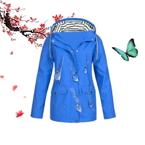 Wasserdichte und winddichte Damen-Jacke, Herbst-Outdoor-Jacke, Kapuzenpullover, Trench-Windbreaker, leichte Regenjacke, Mantel, Blau, Größe 4XL von WXDTW