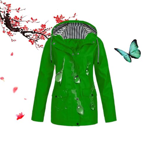 Wasserdichte und winddichte Damen-Jacke, Herbst-Outdoor-Jacke, Kapuzenpullover, Trench-Windbreaker, leichte Regenjacke, Mantel, Grün, Größe L von WXDTW