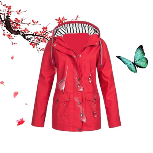 Wasserdichte und winddichte Damen-Jacke, Herbst-Outdoor-Jacke, Kapuzenpullover, Trench-Windbreaker, leichte Regenjacke (rot, L) von WXDTW