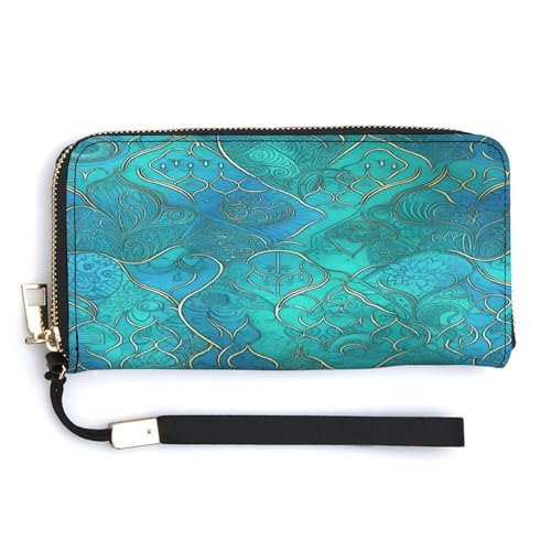 WYUSPGK Geldbörse aus PU-Leder, türkisfarbenes Muster, Kartenhalter, große Kapazität, lange Geldbörse für Frauen, Handheld-Clutch, Stil, 20 x 10,5 cm, modern, Stil:, 20.0*10.5cm, Modern von WYUSPGK