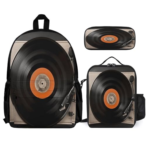 WYUSPGK Niedliche Rucksäcke, Lunch-Tasche, Kombi-Set, Vintage-Vinyl-Schallplatten-Druck, kleiner Rucksack, Lunch-Taschenkombination, 3-in-1-Rucksack-Kombi-Set, Vintage-Vinyl-Schallplatte, von WYUSPGK