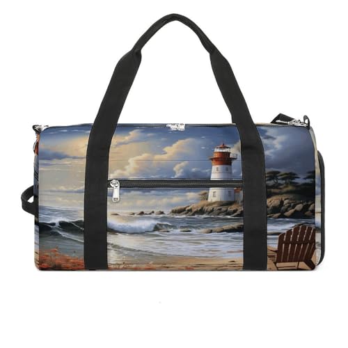 WYUSPGK Reisetasche mit Leuchtturm und Sandstrand, für Damen und Herren, Turnbeutel, Turnbeutel mit Schuhfach, Leuchtturm, Sandstrand, Einheitsgröße, Sea Lighthouse Sandbeach, Einheitsgröße von WYUSPGK