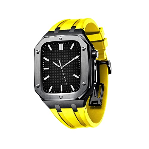 WYUYIW Edelstahlgehäuse mit Uhrenarmband, kompatibel mit -Bändern 44/45 mm, Robustes Armband mit schützender Metallstoßstangenabdeckung für IWatch-Serie 7/6/5/4/SE für Herren von WYUYIW