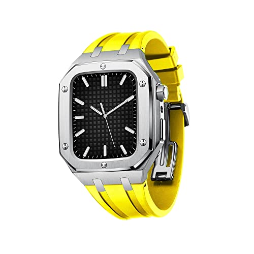 WYUYIW Silikon-Uhrenarmband, Metalllünette für 44/45 mm Mod-Kit-Zubehör, Ersatz-Silikonarmband, kompatibel mit IWatch SE/4/5/6/7 Serie, silbernes Gehäuse von WYUYIW