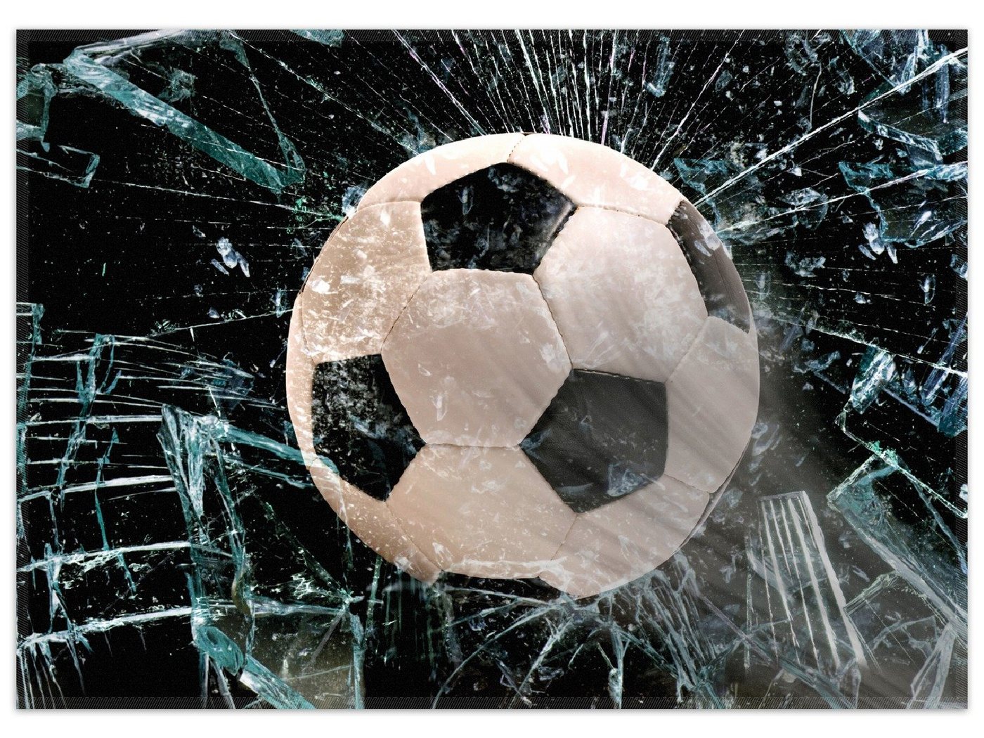 Wallario Teppich Fußball - im Fenster, Splitter und Glas, rechteckig, rutschfest Wallario Teppich Fußball - im Fenster, Splitter und Glas, rechteckig, rutschfest von Wallario