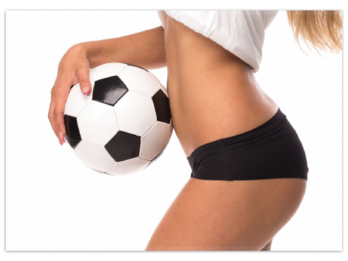 Wallario Teppich Fußball - sexy Frau mit einem Fußball, rechteckig, rutschfest Wallario Teppich Fußball - sexy Frau mit einem Fußball, rechteckig, rutschfest von Wallario