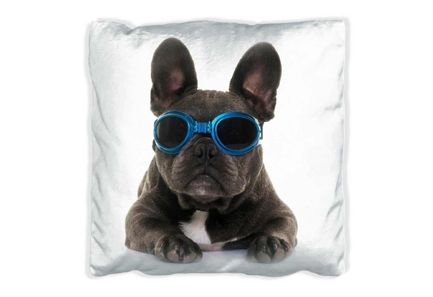 Wallario Dekokissen Cooler Hund mit Sonnenbrille in blau - Französische Bulldogge, handgenäht Wallario Dekokissen Cooler Hund mit Sonnenbrille in blau - Französische Bulldogge, handgenäht von Wallario