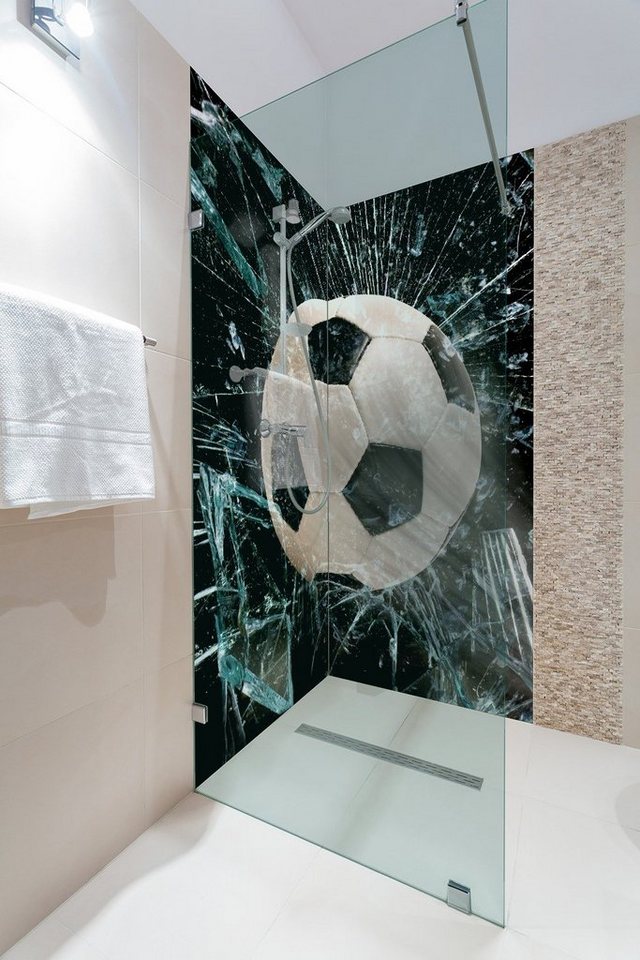 Wallario Duschrückwand Fußball - im Fenster, Splitter und Glas, (2-tlg) von Wallario