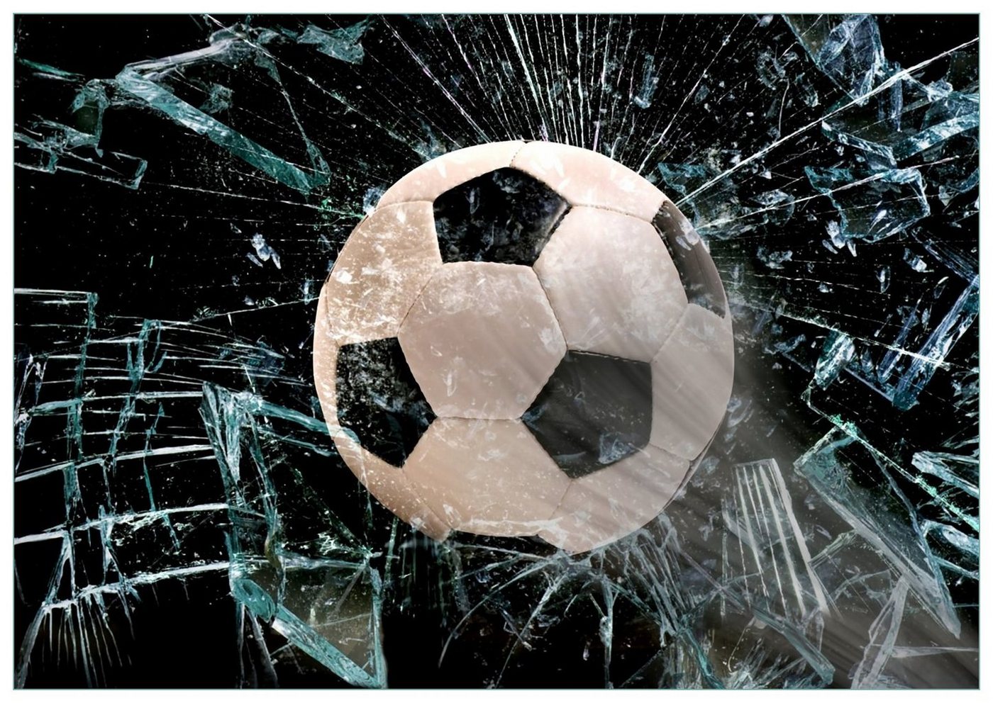 Wallario Glasbild, Fußball - im Fenster, Splitter und Glas, in verschiedenen Ausführungen von Wallario