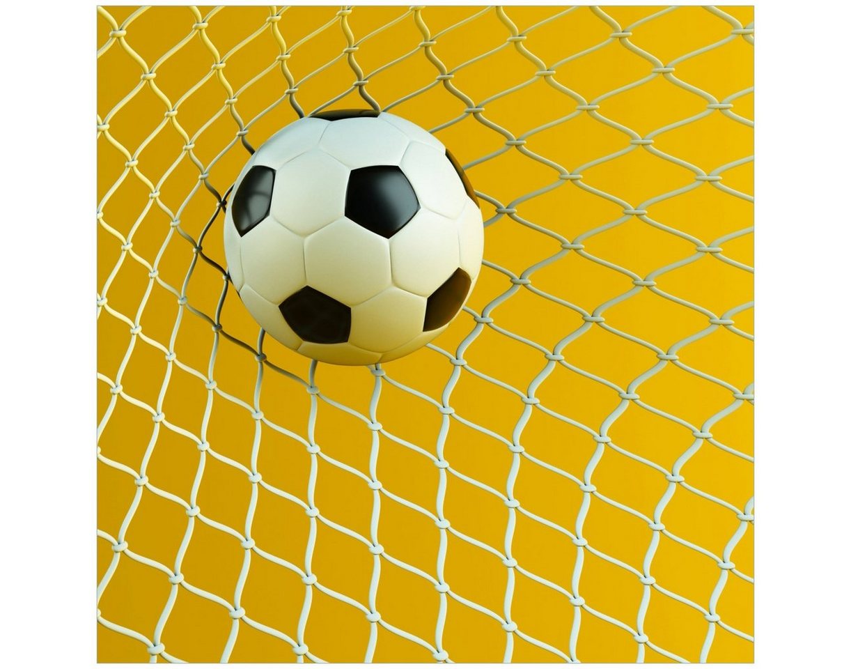 Wallario Glasbild, Fußball im Tor - Hintergrund gelb, in verschiedenen Ausführungen Wallario Glasbild, Fußball im Tor - Hintergrund gelb, in verschiedenen Ausführungen von Wallario