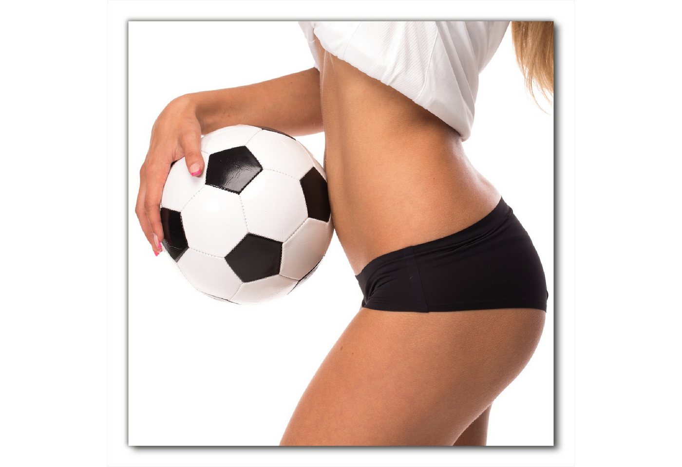 Wallario Möbelfolie Fußball - sexy Frau mit einem Fußball Wallario Möbelfolie Fußball - sexy Frau mit einem Fußball von Wallario