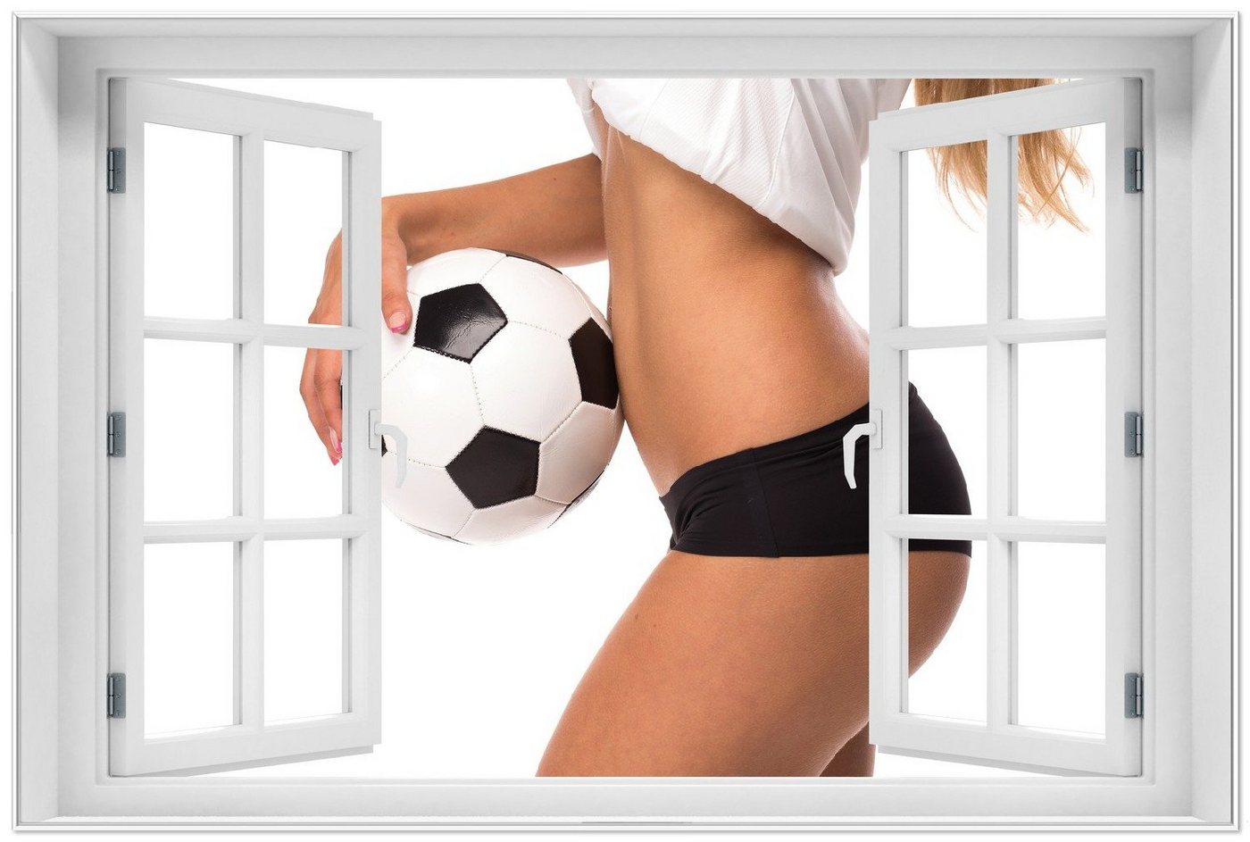 Wallario Poster, Fußball - sexy Frau mit einem Fußball, in verschiedenen Ausführungen von Wallario