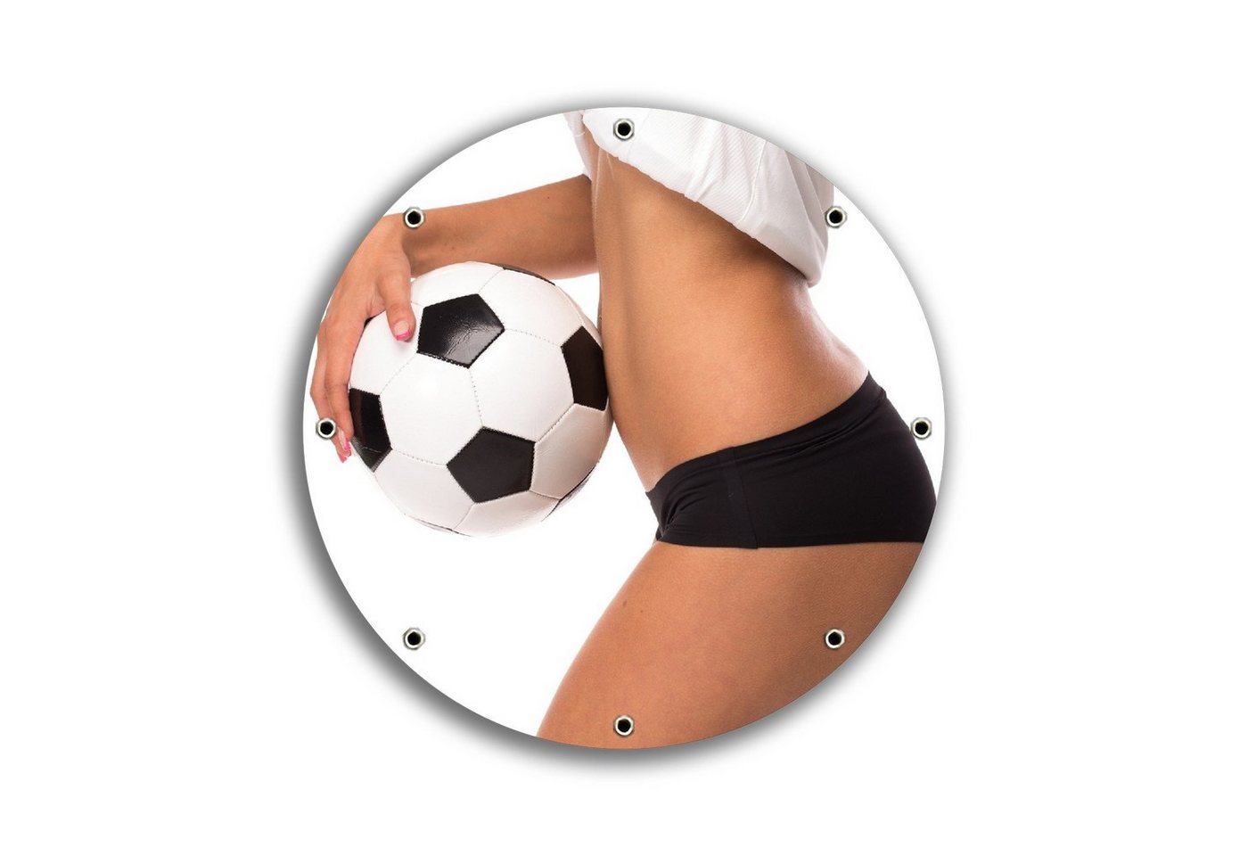 Wallario Sichtschutzzaunmatten Fußball - sexy Frau mit einem Fußball, rund von Wallario