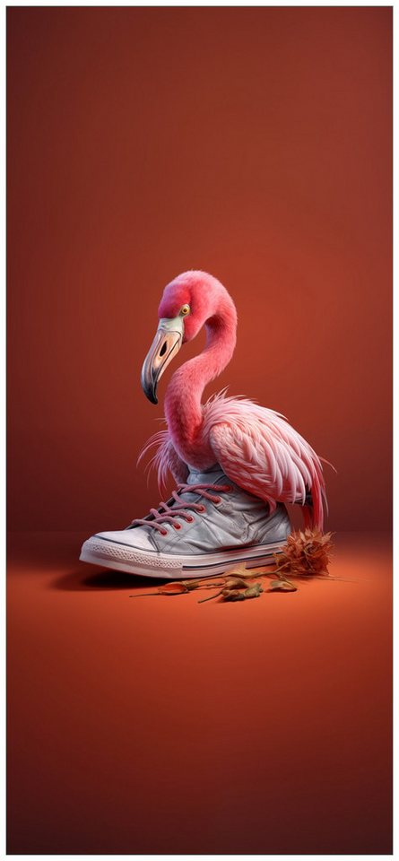 Wallario Türtapete Flamingo im Sneaker, glatt, ohne Struktur von Wallario