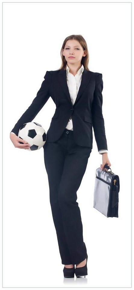 Wallario Türtapete Fußball Business - Geschäftsfrau mit Ball und Aktentasche, glatt, ohne Struktur Wallario Türtapete Fußball Business - Geschäftsfrau mit Ball und Aktentasche, glatt, ohne Struktur von Wallario