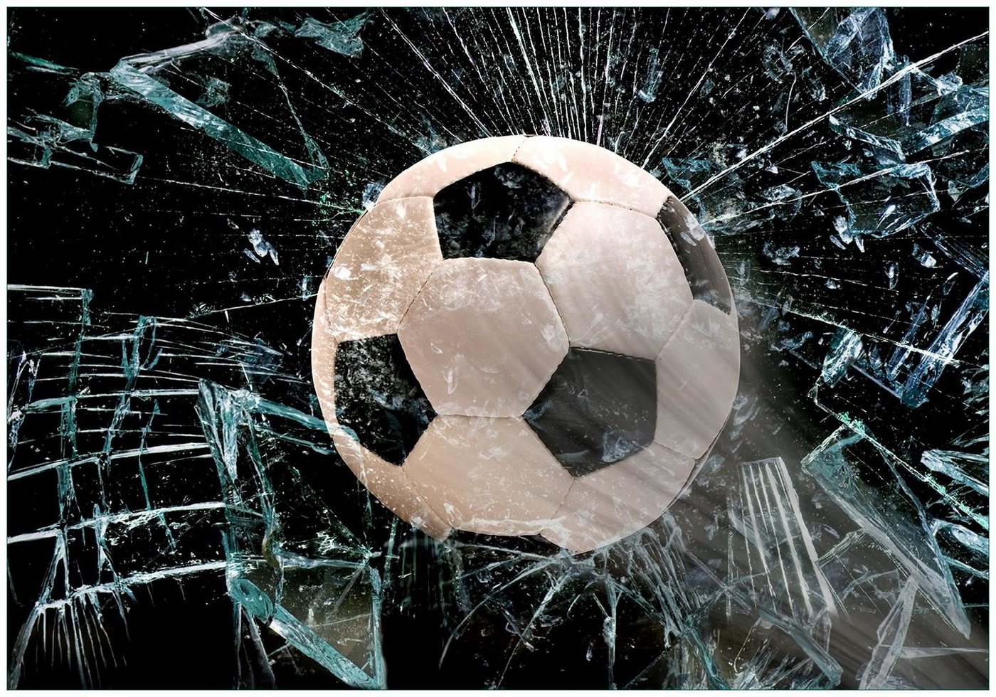 Wallario Vliestapete Fußball - im Fenster, Splitter und Glas, Seidenmatte Oberfläche, hochwertiger Digitaldruck, in verschiedenen Größen erhältlich von Wallario