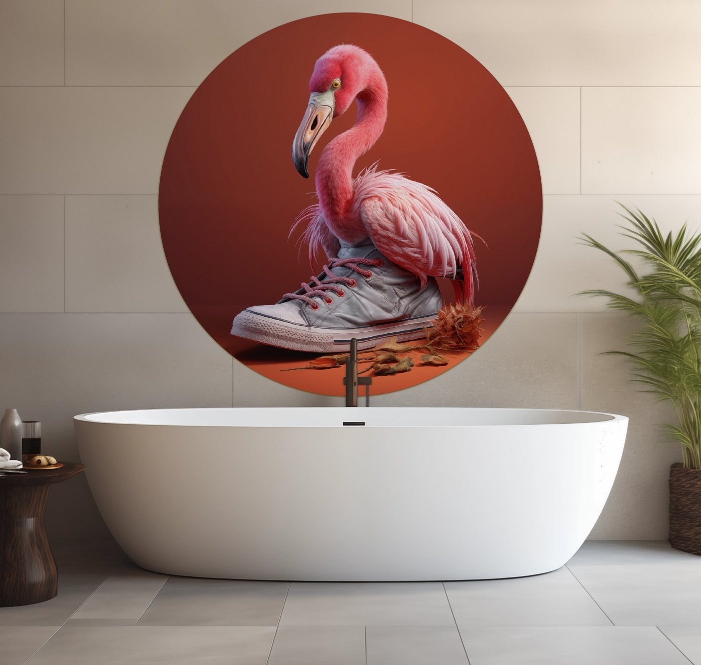 Wallario Wandfolie, Flamingo im Sneaker, wasserresistent, geeignet für Bad und Dusche von Wallario