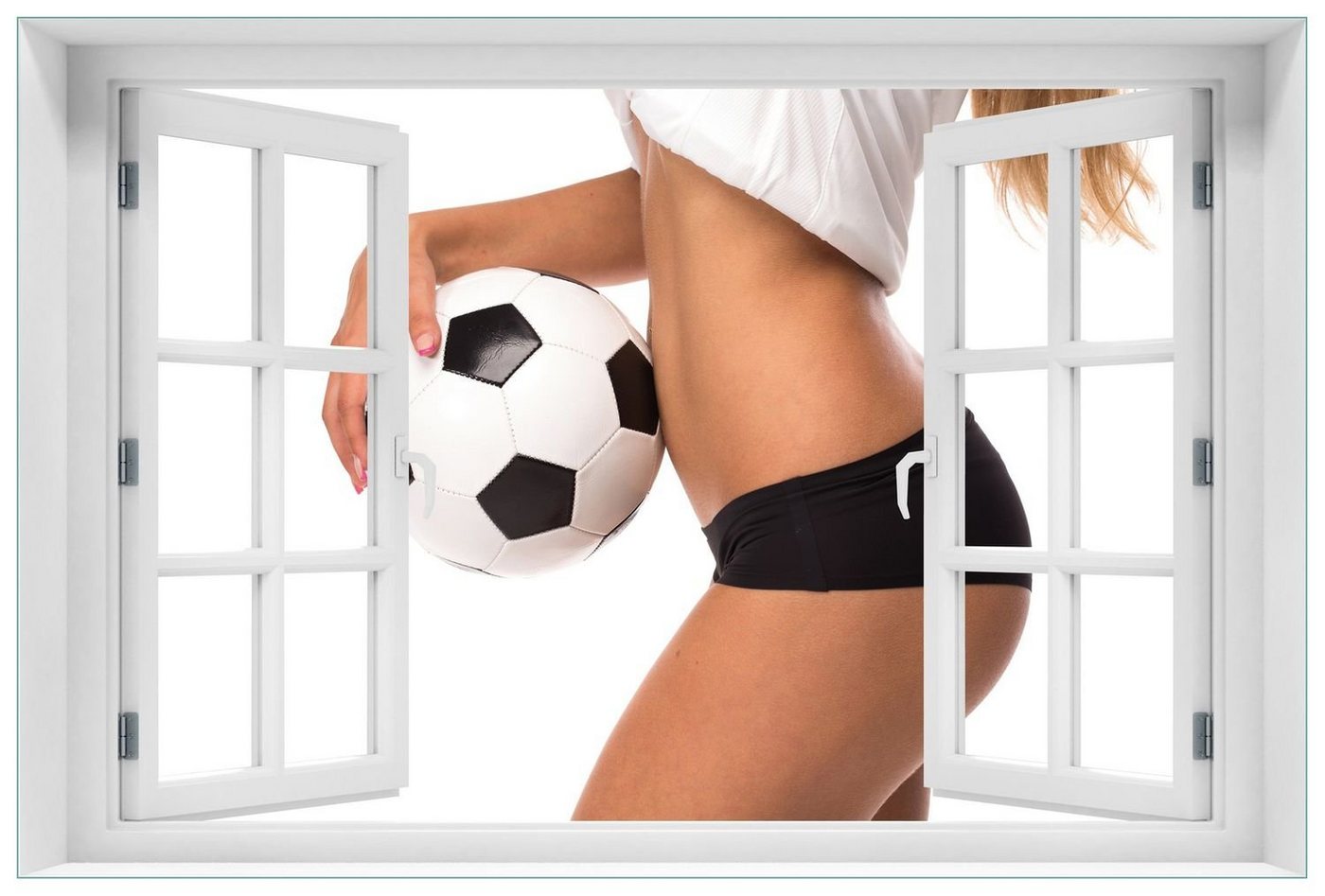 Wallario Wandfolie, Fußball - sexy Frau mit einem Fußball, in verschiedenen Ausführungen von Wallario