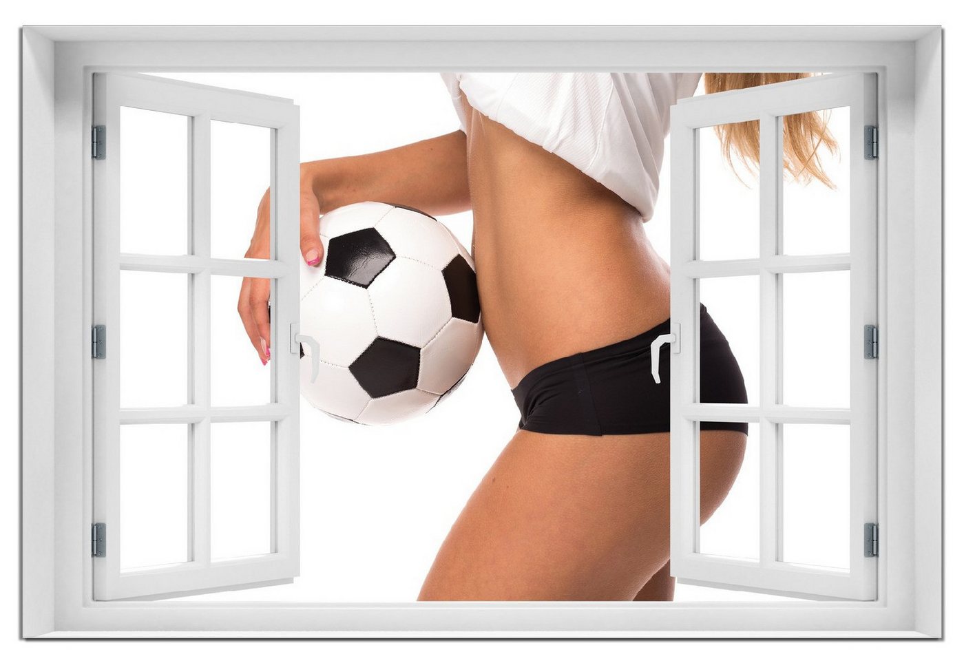 Wallario Wandfolie, Fußball - sexy Frau mit einem Fußball, mit Fenster-Illusion, wasserresistent, geeignet für Bad und Dusche von Wallario