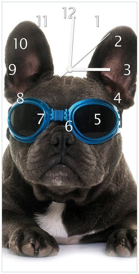 Wallario Wanduhr Cooler Hund mit Sonnenbrille in blau - Französische Bulldogge (Uhr aus Acryl) von Wallario