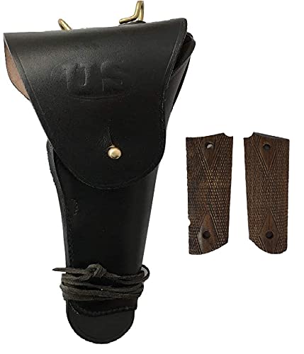 Warcraft Exports US WW2 .45 Brown Hip M1911 Colt Pistol Leather Hip Holster mit M1911 / 1911 .45 Walnut Wood Pistolengriffen - Reproduktion (Combo) (Black) von Warcraft Exports