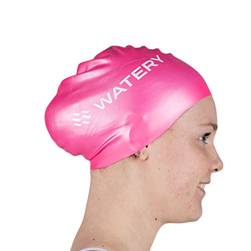 Watery Badekappe, Bademütze, Badehaube für Lange Haare - Badekappe Silikon - Schwimmkappe für Schwimmen - Badekappe für Kinder, Mädchen, Jungen, Herren mit Langen Haaren - (One Size, Pink) von Watery