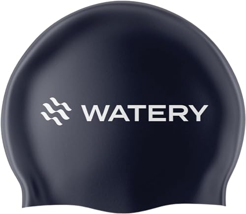 Watery Unisex Badekappe - Badehaube für Schwimmen - Silicon schwimmkappe - Badekappe für Mädchen, Herren, Kinder, Jugendliche, Jungen - Bademütze für langes Haar und kurzes Haar (Dunkelblau) von Watery