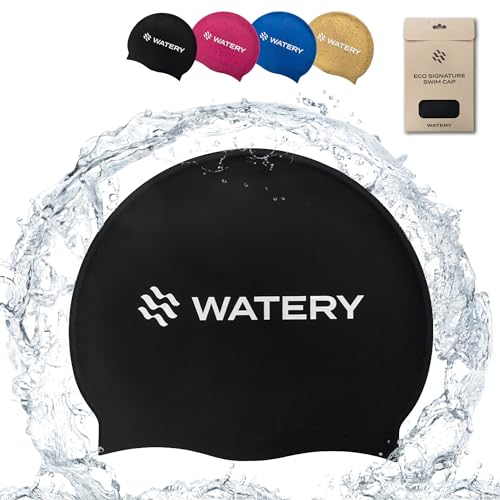 Watery Unisex Badekappe - Badehaube für Schwimmen - Silicon schwimmkappe - Badekappe für Mädchen, Herren, Kinder, Jugendliche, Jungen - Besteht zu 30% aus recyceltem Silikon (Schwarz) von Watery