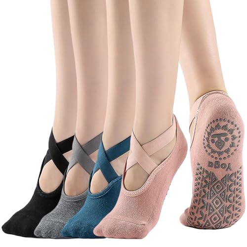 Wedhapy Ballettsocken Yoga Socken für Damen 4 Paar atmungsaktive Yoga Socken für Damen mit rutschfestem Griff und Kreuzriemen Ballettsocken mit bequemem Sitz von Wedhapy