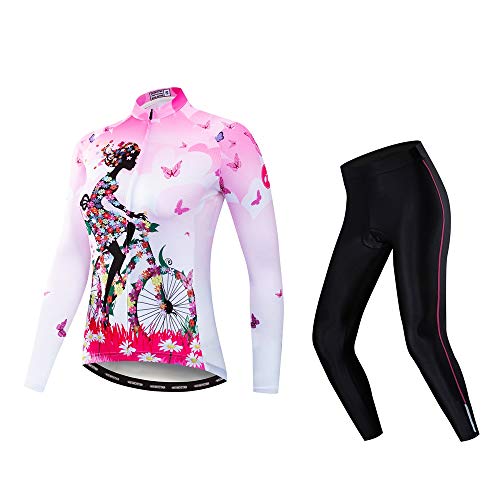 weimostar Fahrradtrikot-Sets langärmelig Damen Mountainbike Jersey Hose Anzug Reißverschluss Shirts Rennrad Bekleidung Sport Rennrad MTB Tops für Damen Bouse Herbst Fahrrad Pink L von Weimostar