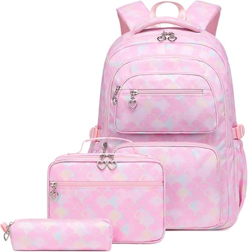 Schulrucksack Mädchen Teenager Frauen Schulranzen Rucksack Set Druck Schultaschen mit Lunchtasche und Federmäppchen - Wasserdicht, Atmungsaktiv, Lässige Schultaschen mit Großer Kapazität, rose, M, von Werwing