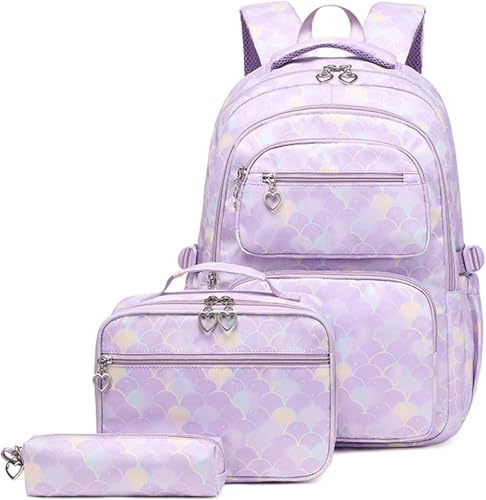 Schulrucksack Mädchen Teenager Frauen Schulranzen Rucksack Set Druck Schultaschen mit Lunchtasche und Federmäppchen - Wasserdicht, Atmungsaktiv, Lässige Schultaschen mit Großer Kapazität, violett, M, von Werwing