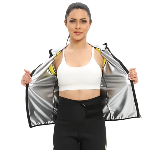 Sauna Jacke Damen, Schwitzanzug Zum Abnehmen, Workout Top Langarm, Sweatshirt Training Korsett Fitness Body Shaper Reißverschluss Mit Kapuze,L,Silver von Weyot