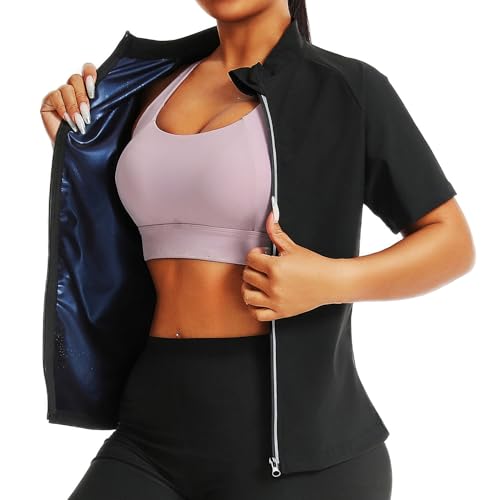 Sauna Weste Damen, Saunaanzüge Damen Sauna-Tanktop Fitness Body Shaper Sauna Effekt Sauna Schwitzweste Fettverbrennungs-Bauchkontrolle Saunaweste Mit Reißverschluss,S,Blue von Weyot