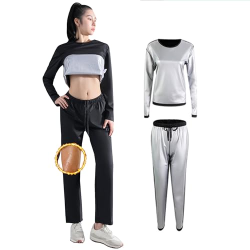 Saunaanzüge Damen, Schwitzanzug Damen Zum Abnehmen, Fitnessanzug Schweiß Anzug Sauna Effekt Gewichtsverlust Workout Body Shaper Sauna Suits Für Sport Laufen Und Fitness,3XL, Shirt + Pants von Weyot