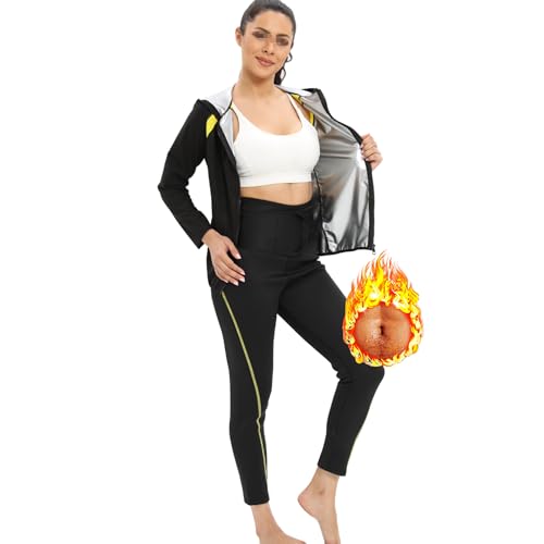 Schwitzanzug Damen Zum Abnehmen, Saunaanzüge Damen Sauna Effekt Schwitzjacke & Sauna Hosen Set, Workout Gewichtsverlust Fettverbrennung Bauchstraffung Fitness Body Shaper,3XL,Black von Weyot