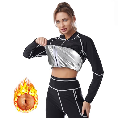 Weyot Sauna Shirt Damen, Schwitzanzug Damen Zum Abnehmen, Damen-Sauna Body-Shaper Schwitzeffekt Bauchkontrolle Sweatshirt Workout-Top Mit Reißverschluss,XL,Silver von Weyot