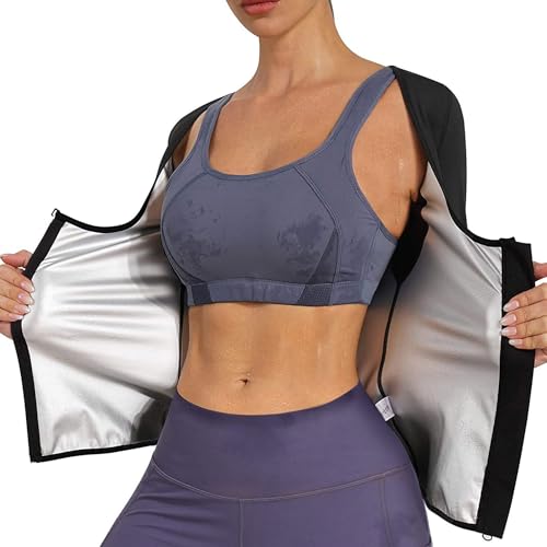 Weyot Sauna-Shirt Für Damen, Saunaanzüge Damen Sauna Shirt Fitness Body Shaper Training Korsett Fettverbrennung Bauchkontrolle Schwitzeffekt Workout-Top Mit Reißverschluss,L,Black von Weyot