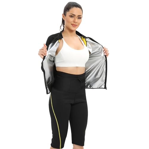 Weyot Saunaanzüge Damen, Schwitzanzug Zum Abnehmen, Fitnessanzug Schweiß Anzug Schwitzjacke & Sauna Shorts, Sauna Effekt Gewichtsverlust Fitness Body Shaper Fatburner Abnehmen Shapewear,L,Silver von Weyot