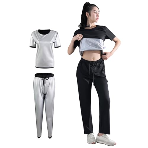 Weyot Saunaanzüge Damen, Schwitzanzug Zum Abnehmen, Sauna Suit Sweatanzug Sportanzug Trainingsanzug Sauna Effekt Gewichtsverlust Fitness Body Shaper, Sweatshirt Top Und Hose,L,Black von Weyot