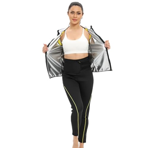 Weyot Saunaanzüge Damen, Schwitzanzug Zum Abnehmen, Schwitzjacke & Sauna Hosen Set Sauna Effekt Fitnessanzug Schweiß Anzug Fatburner Abnehmen Shapewear,L,Silver von Weyot